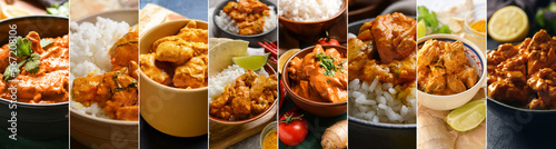 Photos Collage of bowls with aromatic chicken tikka masala on table, closeup