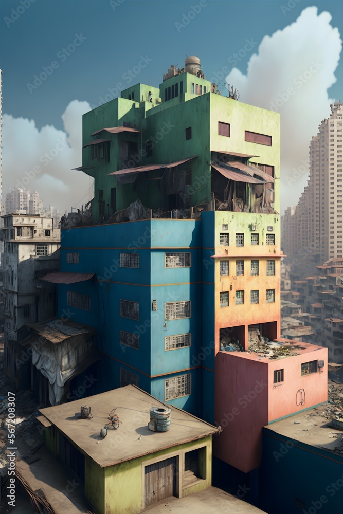 a long shot of super slum high rise buildings background set in india ...