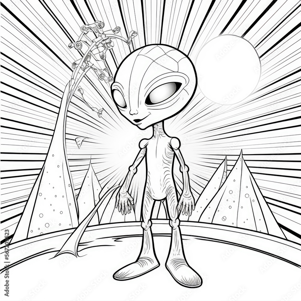 Alien Coloring book page for adults and kids Generative AI Stock