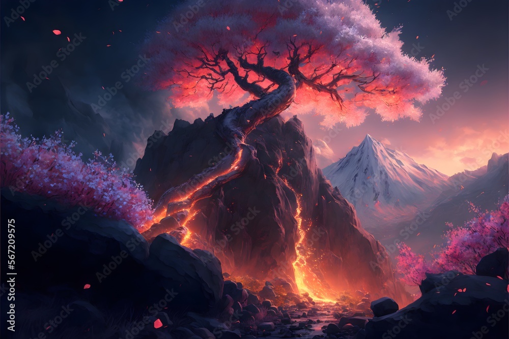 stunning anime scenery sakura tree on top of rocks big lava flows smoke