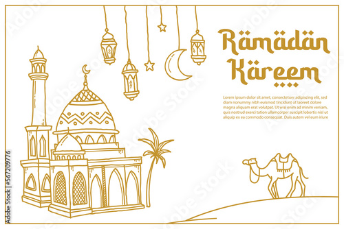 Ramadan kareem, vector celebration of holy month of ramadan mosque hand drawn design for banner, flyer, poster and greeting card