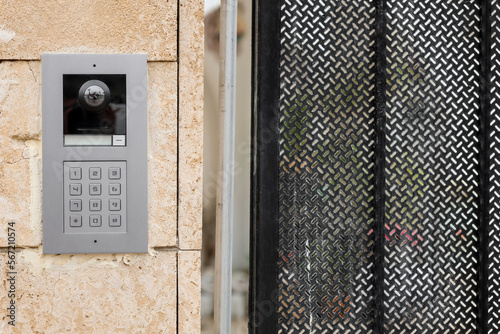 Modern intercom on fence, closeup