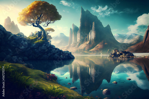 Fantasy world landscape, nature, mountains, lakes, trees, sky, otherworldly, digital illustration, AI generated