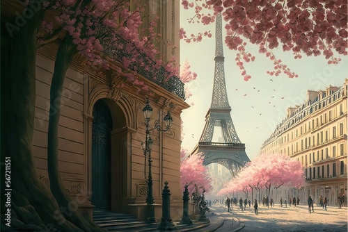 Fototapeta Naklejka Na Ścianę i Meble -  Romantic Vacations on France, Enjoying the French Spring Love Under the Eiffel Tower, Generative AI