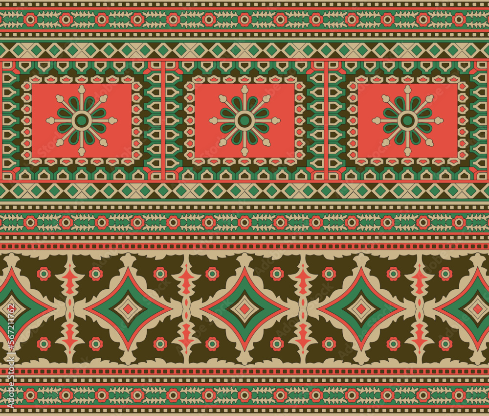 Frame Border with Red Background in sindhi ajrak style, Vector illustration. Textile Ajrak boder Black white. Traditional Textile Design of Ajrak Shawl, Sindhi Ajrek Design for Modern Advertising.