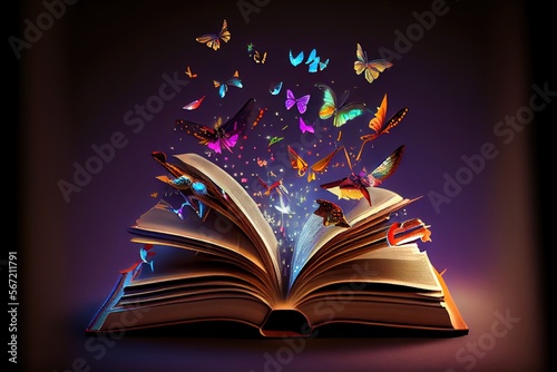 The Magic of Fantasy An Open Book with Flying Butterflies Soaring Above. Generative AI. Digital Art Illustration photo