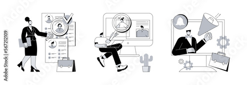 Headhunting abstract concept vector illustration set. Specialist recruitment, virtual job fair, job alert, human resources, digital hr, job offer, work opportunity information abstract metaphor.