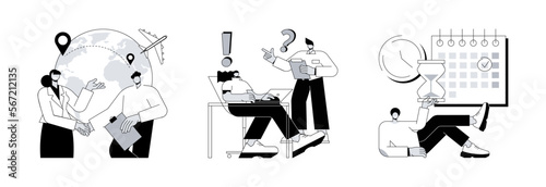 International employment abstract concept vector illustration set. Expat work, internship, arrange appointment, apply for job, professional growth, working place, student training abstract metaphor.