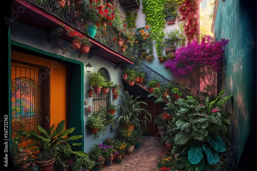 A Balcony full of beautiful flowers in spring in the city  showing the beautiness of the plants and vegetables between and inside the buildings  generative ai