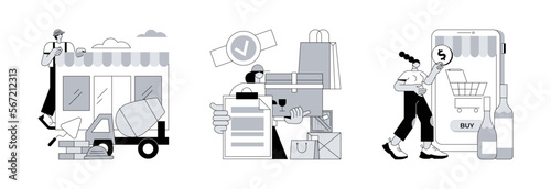 Retail business abstract concept vector illustration set. Brick and mortar, authorized seller, alcohol E-commerce, manufacture license, commercial partnership, liquor store, grocery abstract metaphor.