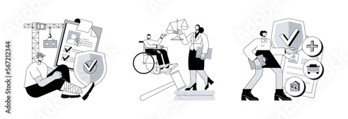 Employee health abstract concept vector illustration set. Occupational accident insurance, personal injury lawyer, on-demand coverage policy, worker injury, legal services abstract metaphor.