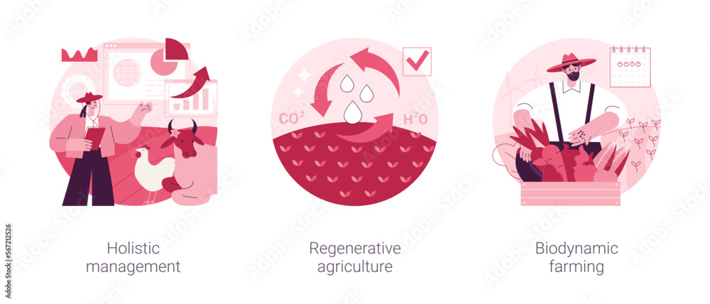 Conservation and rehabilitation farming system abstract concept vector illustration set. Holistic management, regenerative agriculture, biodynamic farming, ecological biodiversity abstract metaphor. Conservation and rehabilitation farming system abstract concept vector illustration set. Holistic management, regenerative agriculture, biodynamic farming, ecological biodiversity abstract metaphor.