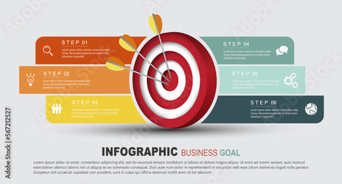 Vector infographic business goal template with icons and 6 options or steps.can be used for process diagrams, presentations, workflow layouts, banners, flow charts, data graphs, presentations.