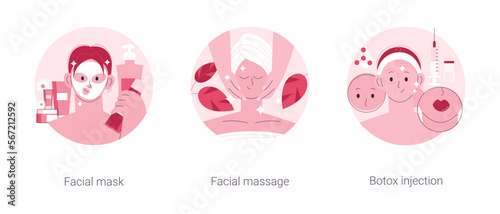 Beauty procedure abstract concept vector illustration set. Facial mask and massage, beauty injection, hyaluronic filler, collagen, woman face lifting, anti age, aesthetic medicine abstract metaphor.