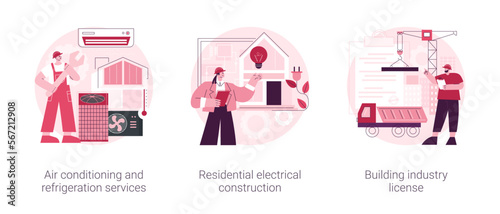 Builder contractor services abstract concept vector illustration set. Air conditioning and refrigeration services, residential electrical construction, building industry license abstract metaphor.