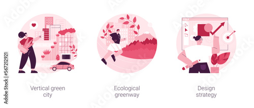 Environmental urban solutions abstract concept vector illustration set. Vertical green city, ecological greenway, design strategy, space-saving eco solution, landscape ecology abstract metaphor.