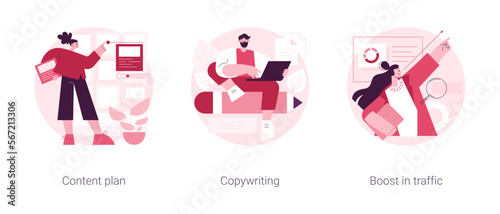 Smm software abstract concept vector illustration set. Content plan, copywriting, boost in traffic, social media planner, digital marketing strategy, content generation, seo abstract metaphor.