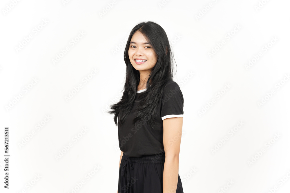 Smile and Side View Standing Of Beautiful Asian Woman Isolated On White Background