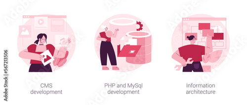 Backend development abstract concept vector illustration set. CMS development, PHP and MySql information architecture, website programmer, coding software, interface web design abstract metaphor.