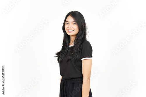 Smile and Side View Standing Of Beautiful Asian Woman Isolated On White Background