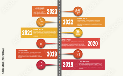infographic timeline year business goals with icons and options or steps can be used for process diagrams presentations workflow layouts banners flow charts data chart presentation