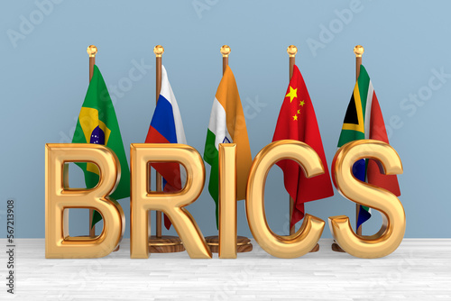 Set flags BRICS in room. 3D illustration photo