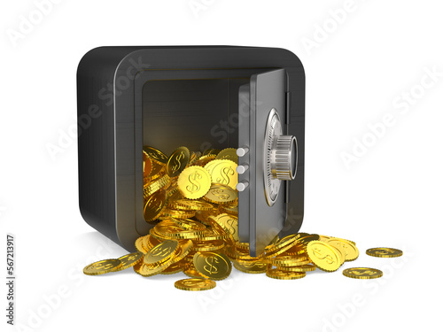 open safe with money on white background. Isolated 3d illustration