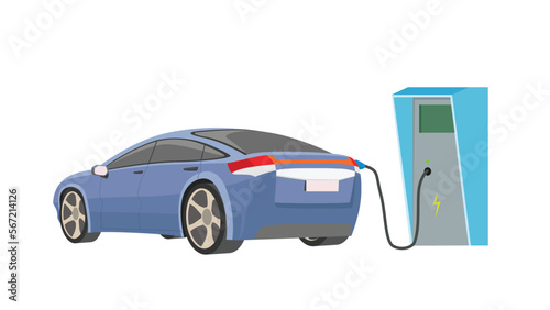 Electric car blue  color charging at the station.  View of cars from the back. Refueling from the rear of the car. ower distribution board has a current symbol. on isolated white background.