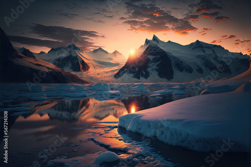 Snowy mountain range with glaciers at sunset, atmospheric landscape created with generative AI