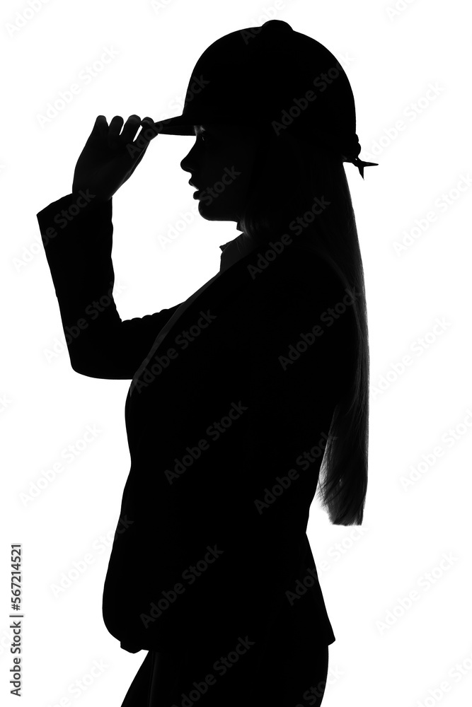 Silhouette of female jockey on white background