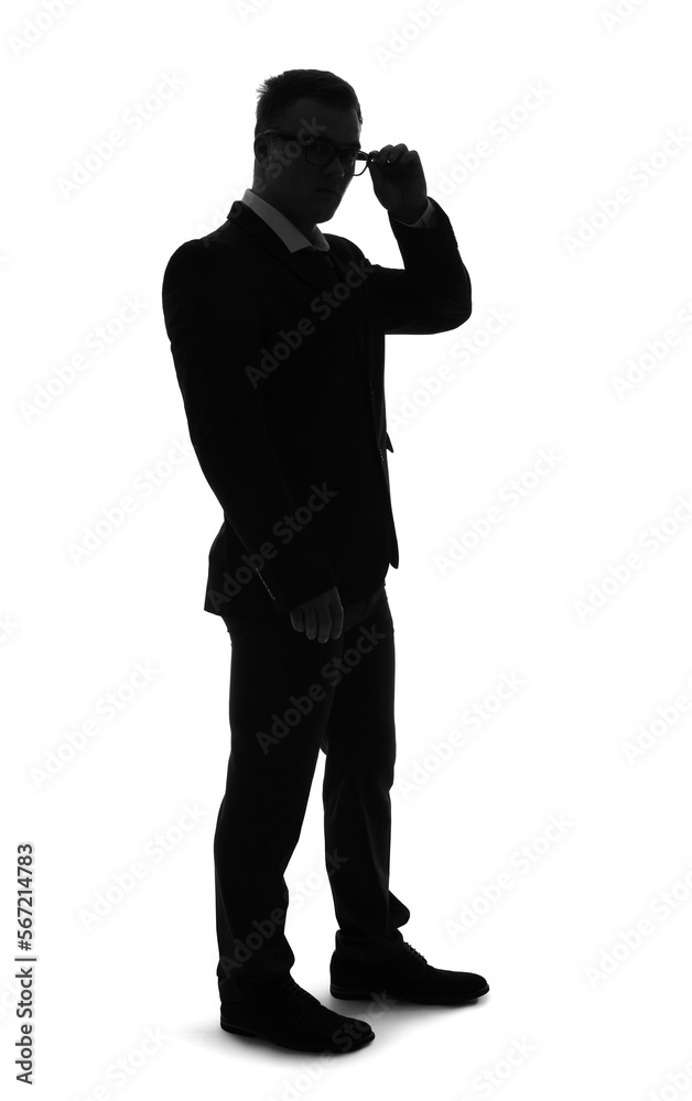 Silhouette of businessman with eyeglasses on white background