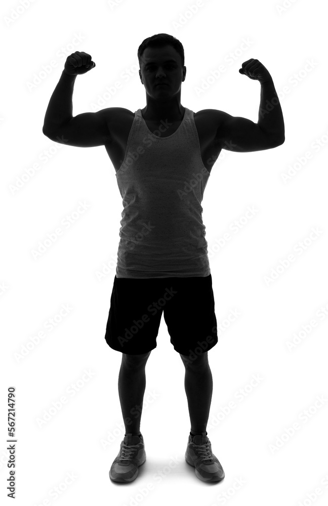 Silhouette of sporty young man showing muscles on white background Silhouette of sporty young man showing muscles on white background