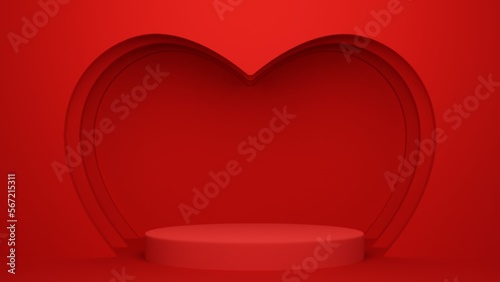 Fototapeta Naklejka Na Ścianę i Meble -  Red podium with heart for product presentation, copy space. 3d rendering. Valentine concept.