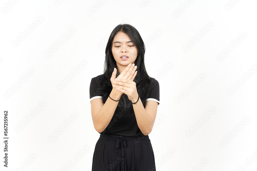 Suffering pain on hands Of Beautiful Asian Woman Isolated On White Background Suffering pain on hands Of Beautiful Asian Woman Isolated On White Background