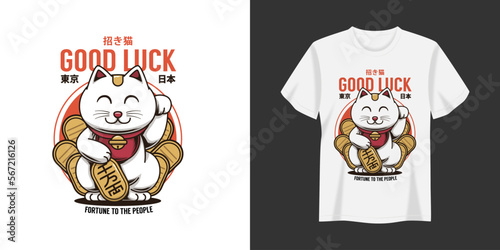 Vector japanese art culture maneki neko illustration t-shirt and apparel printing design