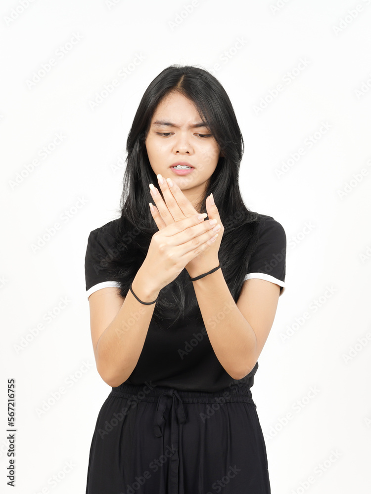 Suffering pain on hands Of Beautiful Asian Woman Isolated On White Background Suffering pain on hands Of Beautiful Asian Woman Isolated On White Background