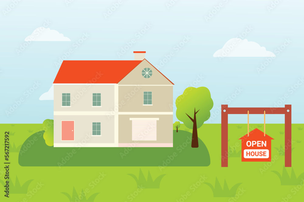 Open House signboard with Home realistic style Vector illustration Open House signboard with Home realistic style Vector illustration