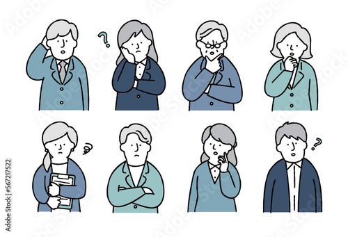 ビジネスパーソンのネガティブな表情セット　ブルー　