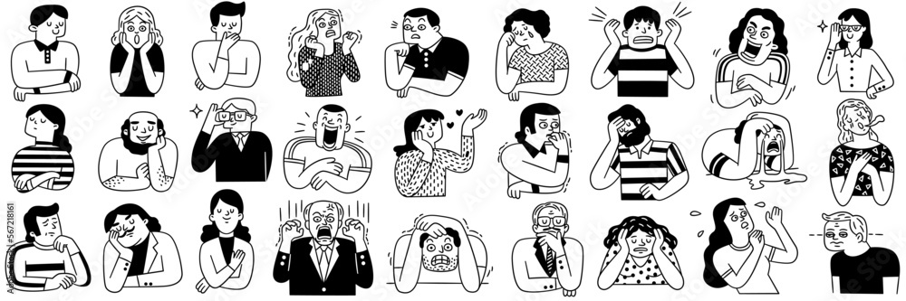 Big collection of various people's facial emotion expression, happy, sad, shocked, scared, angry, laughing, crying, etc. Outline, hand drawn sketch, black and white ink style.  - obrazy, fototapety, plakaty 