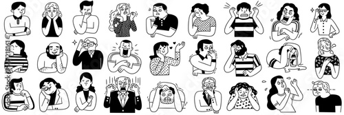 Big collection of various people\'s facial emotion expression, happy, sad, shocked, scared, angry, laughing, crying, etc. Outline, hand drawn sketch, black and white ink style.