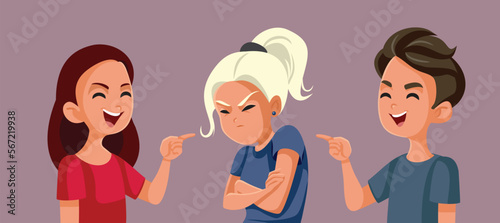 Unhappy Teen Girl Being Bullied by Insensitive Classmates Vector Illustration. Sad Teenager feeling unhappy with friends laughing of her 
