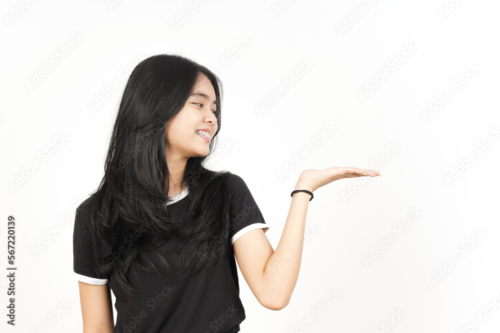 Showing and Presenting Product on Open Palm Of Beautiful Asian Woman Isolated On White Background Showing and Presenting Product on Open Palm Of Beautiful Asian Woman Isolated On White Background