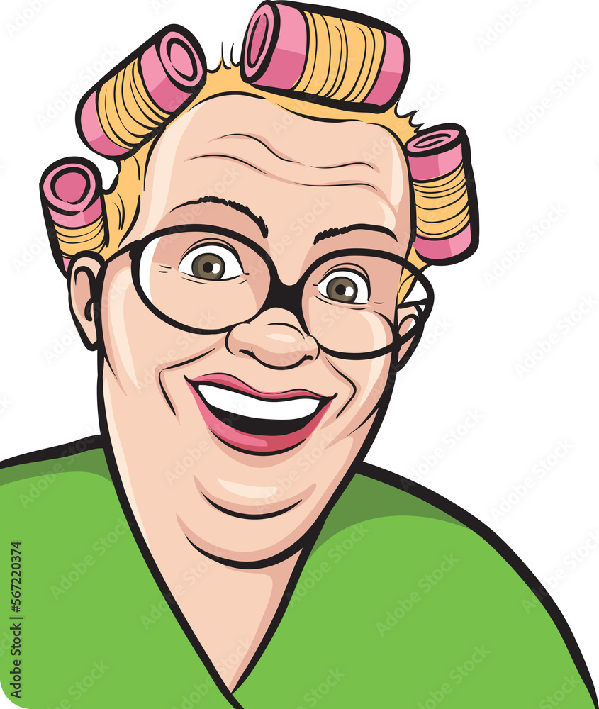 cartoon fat housewife in hair curlers on white background - PNG image with transparent background