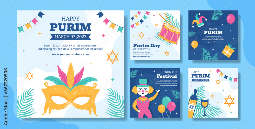 Φωτογραφία Happy Purim Day Social Media Post Flat Cartoon Hand Drawn Templates Illustration