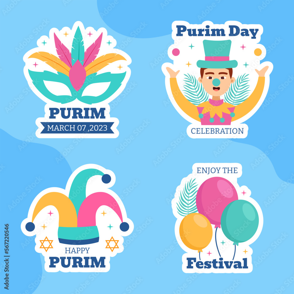 Happy Purim Day Label Flat Cartoon Hand Drawn Templates Illustration