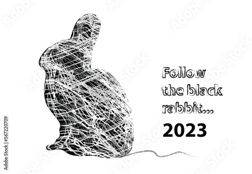 Vector new year 2023 with black linear, ball of thread rabbit. Trendy print design collection photo