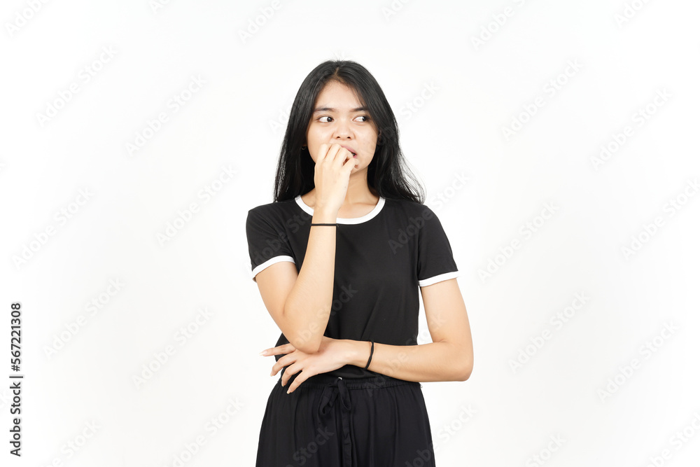 Afraid, nervous and bite nails Of Beautiful Asian Woman Isolated On White Background Afraid, nervous and bite nails Of Beautiful Asian Woman Isolated On White Background