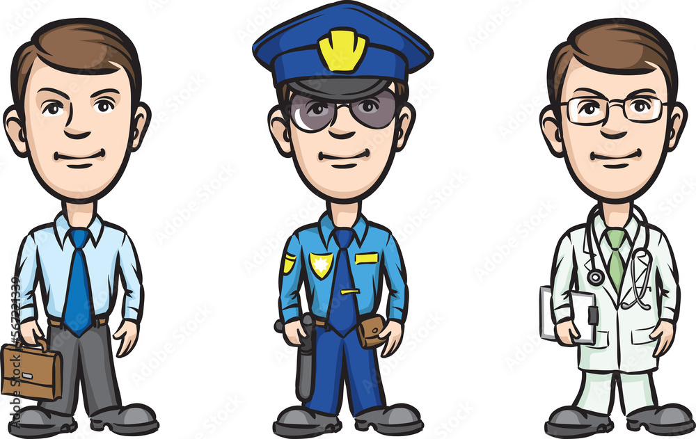 three cartoon professionals businessman policeman doctor on white background - PNG image with transparent background three cartoon professionals businessman policeman doctor on white background - PNG image with transparent background