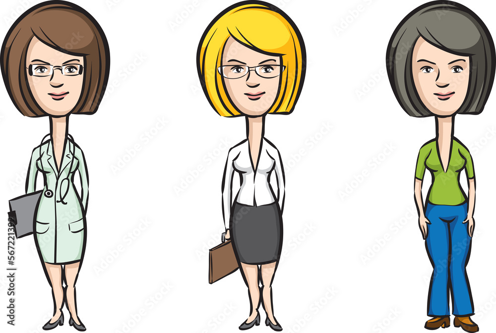 three cartoon women professionals doctor secretary teacher on white background - PNG image with transparent background