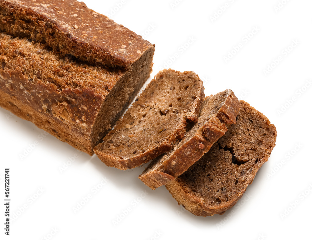 Delicious loaf of sliced rye bread isolated on white background Delicious loaf of sliced rye bread isolated on white background